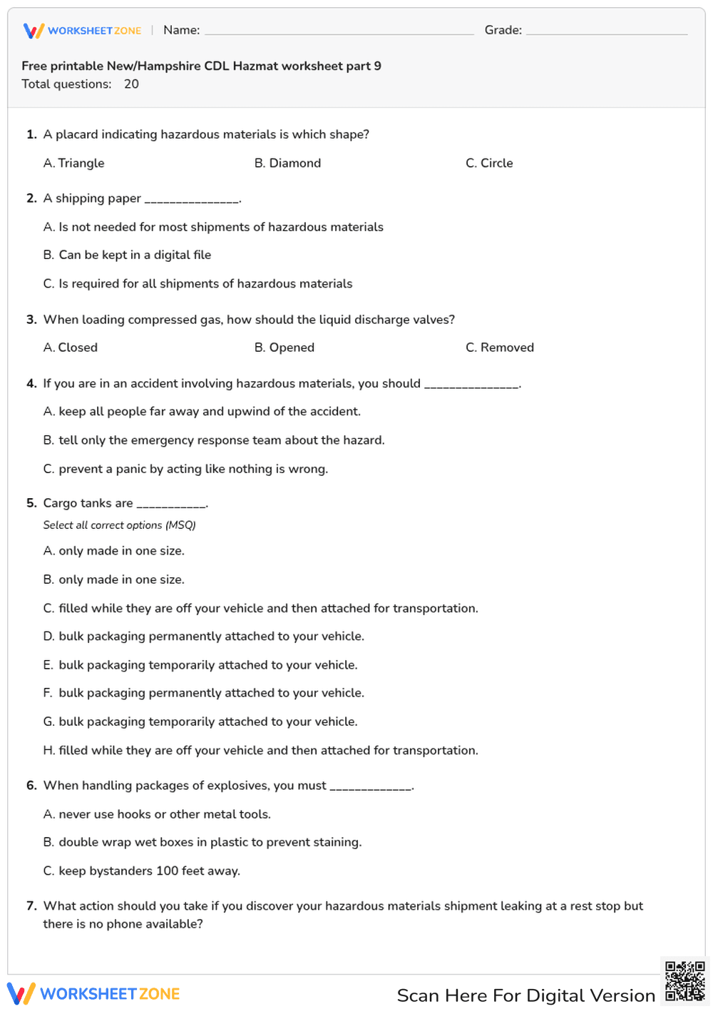 Free printable New/Hampshire CDL Hazmat worksheet part 9
